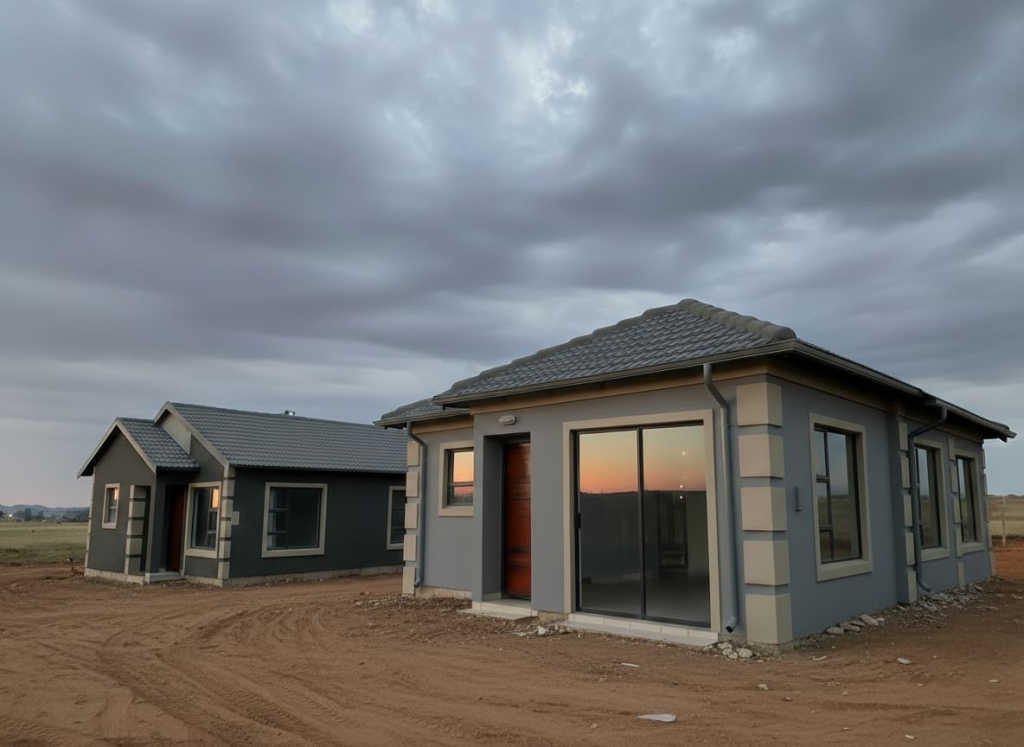 Newly built 3 bedroom full-title home in Crystal Park Benoni, photographed at sunset with sliding doors, aluminium windows and Tuscan roof – Kwantu Homes development.