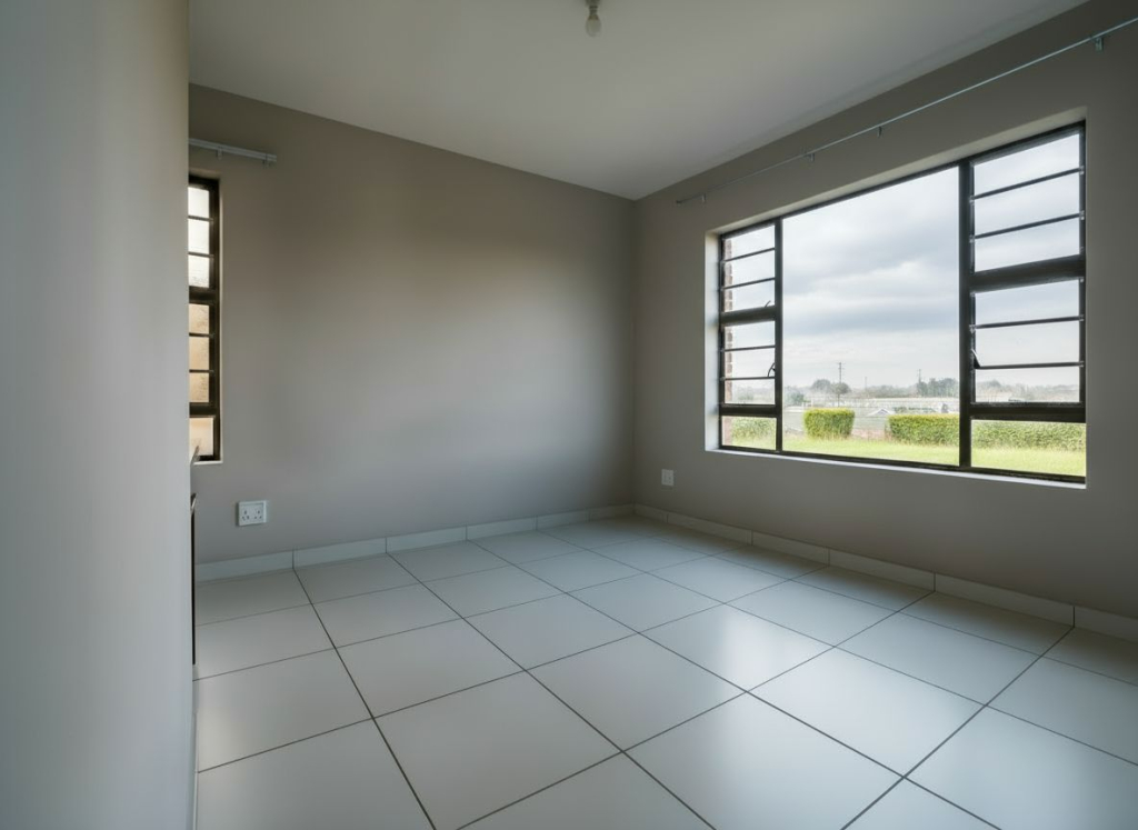 Bright bedroom in the Crystal Park development featuring tiled floors, neutral grey walls and large aluminium windows – Kwantu Homes.
