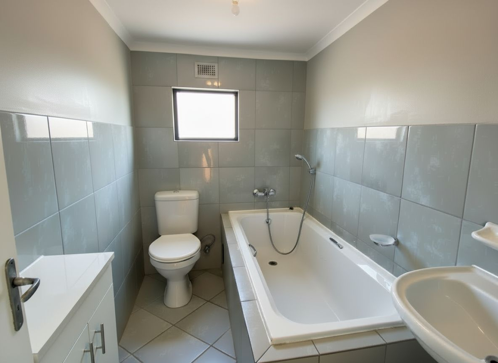 Bathroom inside a Crystal park home featuring a built-in bath, toilet, basin, and tiled walls with a large window for natural light.