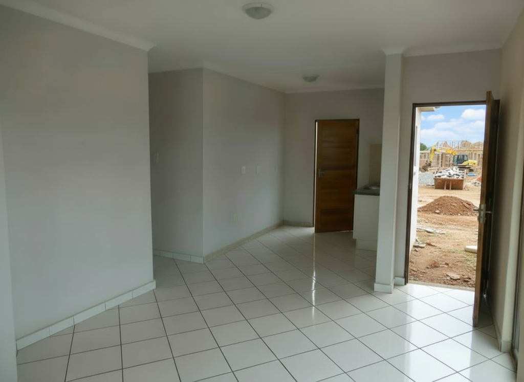 Open-plan tiled interior showing the lounge, entrance door, and partial kitchen area in the Crystal Park development.