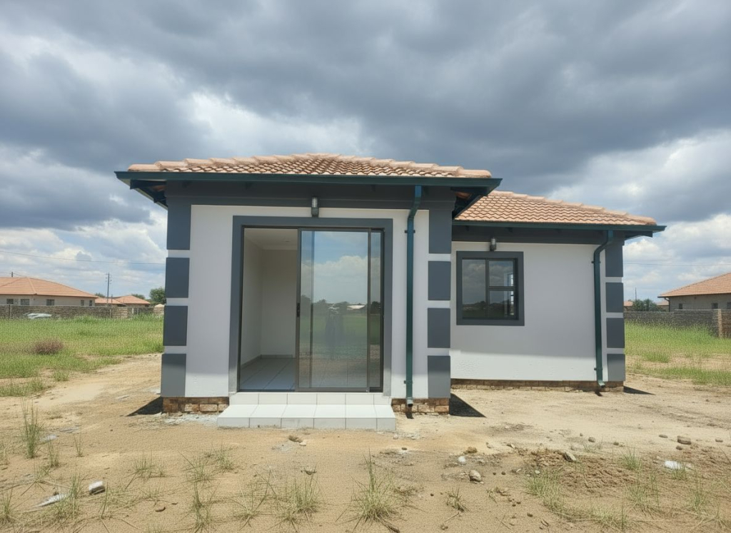 Front entrance of a newly built Selcourt home in Springs, showing sliding door, tiled roof and modern grey exterior finishes.