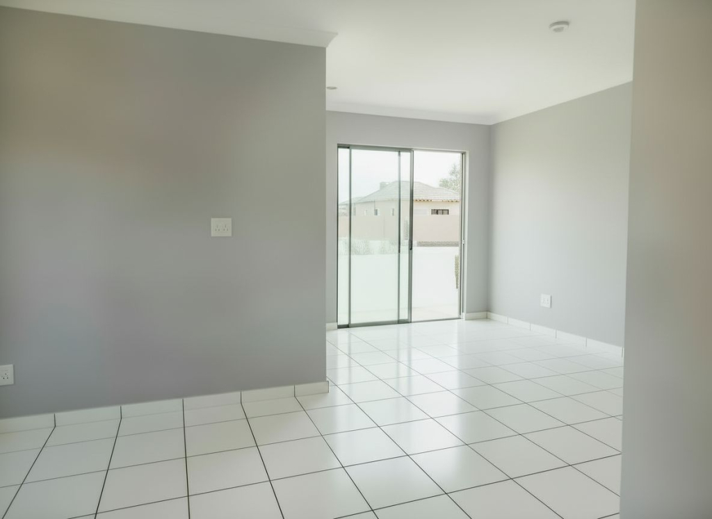 Bright living room in a Selcourt home featuring white tiled floors, light grey walls, and a large sliding door leading to the outside.