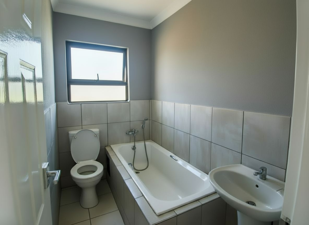 Modern bathroom in the Selcourt development with grey wall tiles, built-in bathtub, toilet and basin – Kwantu Homes.