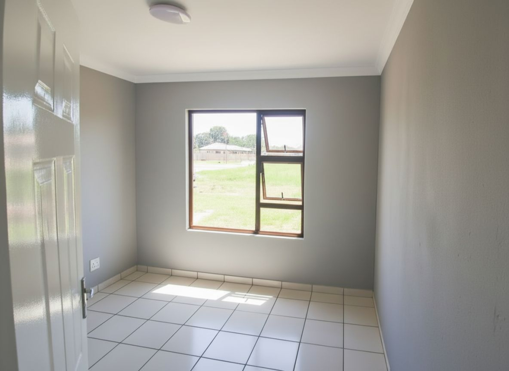 Tiled bedroom inside a Selcourt home with a large window, grey walls, and natural light entering the room.