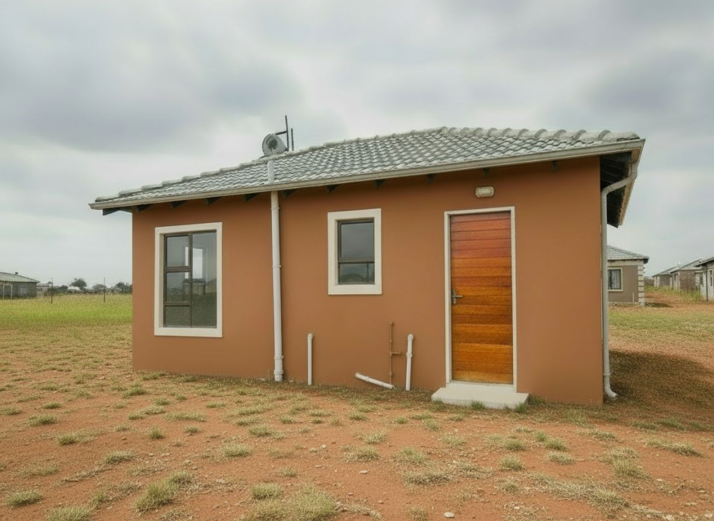 Side view of a Windmill Park X32 home showing plastered walls, aluminium windows, a wooden back door and exterior plumbing fittings.