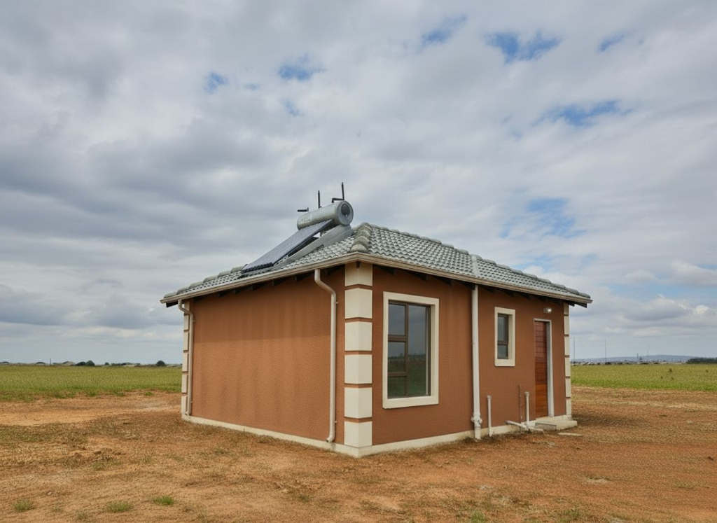 Exterior view of a Windmill Park X32 home showing the roof-mounted 150L solar geyser, aluminium windows and plastered walls.