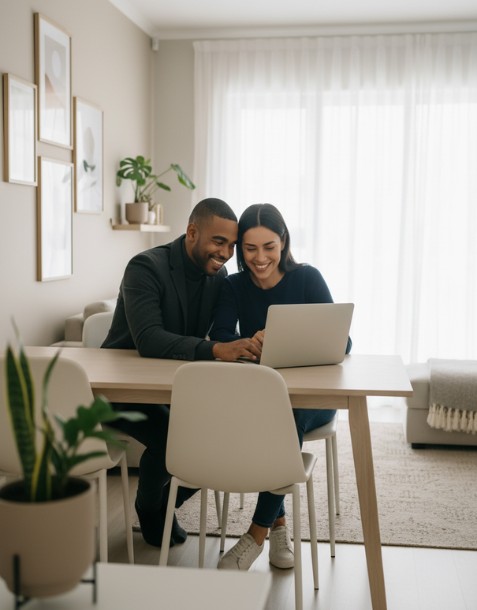 South African couple smiling while reviewing the home-buying process on a laptop.